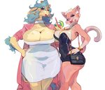 anthro beverage big_breasts breast_size_difference breasts cleavage clothed clothing curvy_figure dress duo ear_piercing ear_ring eyewear female glasses hand_on_hip huge_breasts looking_at_viewer mature_anthro mature_female piercing pink_body purse ring_piercing simple_background thick_thighs voluptuous white_background wide_hips bypbap effie_(bypbap) bovid bovine domestic_cat felid feline felis mammal hi_res