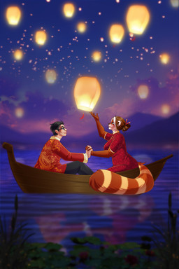 accessory anthro black_hair boat clothed clothing curvy_figure duo eyewear female fluffy fluffy_tail fur glasses hair hair_accessory hair_sticks holidays human_on_anthro interspecies lamp lantern larger_female male male/female miikan multicolored_body multicolored_fur multicolored_hair romantic romantic_couple size_difference smaller_male tail vehicle watercraft white_body white_skin chrysanthemummy blizzard_entertainment chinese_new_year disney new_year tangled_(disney) warcraft huan_honeybrew ailurid bear human mammal pandaren red_panda absurd_res hi_res