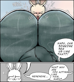 anal anthro big_butt blush blush_lines bodily_fluids bottom_heavy bubble_butt butt dialogue duo female female_rimming_male femboy fur grey_body grey_fur heart_symbol huge_butt hyper hyper_butt imagination licking male male/female oral rimming rimming_male sex size_difference speech_bubble sweat sweaty_butt tail text tongue lolbear_9 beastars haru_(beastars) legoshi_(beastars) canid canine canis lagomorph leporid mammal rabbit wolf 2025 english_text hi_res