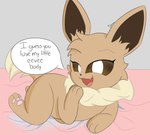 all_fours ambiguous_gender bed brown_body brown_fur brown_hair feral fur furniture hair smug smug_face solo speech_bubble text demmy nintendo pokemon eevee generation_1_pokemon pokemon_(species) hi_res