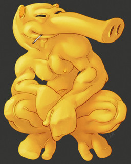 anthro black_eyes crotch_covered crouching long_snout male mascot musclegut muscular muscular_arms muscular_legs muscular_male narrowed_eyes pecs simple_background small_ears small_nipples smile smoking snout solo yellow_body yellow_skin ravuer quasimoto unknown_species hi_res