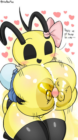 accessory antennae_(anatomy) anthro areola arthropod_abdomen big_breasts biped black_eyes blush bodily_fluids bottomless bow_ribbon boyfriend/girlfriend breast_play breasts clothed clothing cum cum_between_breasts curvy_figure disembodied_penis duo erection female genital_fluids genitals glistening glistening_body hair_accessory hair_bow hair_ribbon happy happy_sex heart_symbol holding_breast huge_breasts hyper hyper_breasts innie_vulva insect_wings jacket legwear love male male/female nipples open_mouth orgasm partially_clothed penile penis ribbons romantic romantic_couple romantic_sex sex simple_background sitting stripes text thick_thighs thigh_highs titfuck topwear voluptuous voluptuous_anthro voluptuous_female vulva white_background wide_hips wings yellow_areola yellow_body yellow_nipples woebeeme bug_fables moonsprout_games annabee_(woebeeme) fan_character motthew_(woebeeme) arthropod bee honey_bee hymenopteran insect 9:16 hi_res