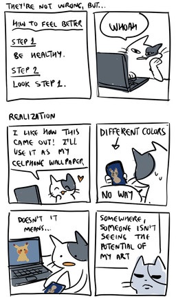 2_panel_comic 4_panel_comic ambiguous_gender anthro black_eyes black_text bodily_fluids computer dialogue electronics ellipsis exclamation_point eyes_closed heart_symbol holding_object holding_phone laptop looking_at_object looking_at_phone paws phone simple_background solo speech_bubble sweat sweatdrop talking_to_self text text_box whiskers white_background white_sclera flavia-elric domestic_cat felid feline felis mammal 2023 comic digital_media_(artwork) english_text hi_res meme