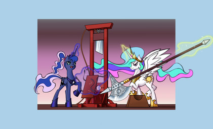 axe chopping_block crown duo execution executioner female feral guillotine hair headgear horn magic melee_weapon ponytail regalia royalty telekinesis weapon wings unknown_artist friendship_is_magic hasbro my_little_pony mythology princess_celestia_(mlp) princess_luna_(mlp) equid equine horse mammal mythological_creature mythological_equine pony winged_unicorn hi_res