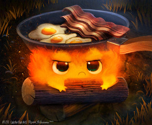 ambiguous_gender angry anthro bacon black_eyes cookware detailed_food fire food fried_egg frown frying_pan grass kitchen_utensils log meat outside plant solo text tools wood piper_thibodeau ghibli howl's_moving_castle calcifer demon elemental_creature fire_creature 2023 detailed digital_media_(artwork) digital_painting_(artwork) painting_(artwork)