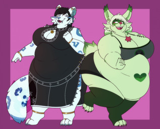 4_toes 5_fingers anthro arm_markings belly belly_markings big_belly big_breasts big_butt biped black_clothing black_dress black_hair blue_markings border bottomwear breasts butt butt_bump claws cleavage cleavage_cutout clothed clothed_anthro clothed_female clothing cutout dipstick_ears dress duo ear_markings ear_piercing ear_tuft facial_markings fat_arms feet female female_anthro fingers fur green_body green_fur green_highlights green_markings hair head_markings heart_(marking) highlights_(coloring) huge_belly jewelry leg_markings leopard_spots looking_at_another markings mask_(marking) midriff multicolored_ears necklace obese obese_anthro obese_female overweight overweight_anthro overweight_female piercing purple_background purple_border simple_background slit_dress spots tail thick_thighs toe_claws toes topwear tuft tusks white_body white_fur strawberrymilkdog nintendo pokemon chien-pao felid feline generation_9_pokemon legendary_pokemon mammal meowscarada pantherine pokemon_(species) 2023 colored digital_drawing_(artwork) digital_media_(artwork) hi_res