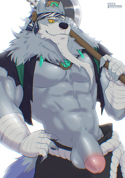 5_fingers abs anthro axe balls beard biceps black_nose bottomwear chest_tuft clothed clothing facial_hair fingers fur genitals grey_body grey_fur hand_wraps holding_axe holding_object humanoid_genitalia humanoid_hands humanoid_penis male muscular muscular_anthro muscular_male open_clothing open_shirt open_topwear pecs penis penis_poking_out shirt simple_background solo topwear tuft white_background wraps yellow_sclera repairdog sdorica law_(sdorica) canid canine canis mammal wolf 2020 absurd_res hi_res signature
