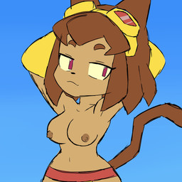 anthro bikini bikini_bottom breasts brown_body brown_hair clothed clothing eyebrows eyelashes eyewear eyewear_on_head female goggles goggles_on_head hair hands_behind_head magenta_eyes narrowed_eyes solo swimwear topless two-piece_swimsuit yellow_sclera cintra_(artist) gameoverse glitch_productions kit_bodega domestic_cat felid feline felis mammal 1:1 2026 absurd_res colored_sketch hi_res sketch