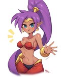 blue_eyes breasts brown_body brown_skin cleavage clothed clothing ear_piercing ear_ring female hair humanoid_pointy_ears long_hair not_furry piercing pointy_ears purple_hair ring_piercing simple_background solo wata-ridley shantae_(series) wayforward shantae genie humanoid 2023 hi_res signature