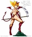 blonde_hair boots breasts butt clothed clothing female footwear hair high_heeled_boots high_heels horn melee_weapon membrane_(anatomy) membranous_wings not_furry polearm rock scythe shoes side_boob simple_background skimpy small_wings smile solo spade_tail tail text weapon white_background wings gblastman cartoon_network the_grim_adventures_of_billy_and_mandy mandy_(tgaobam) demon english_text