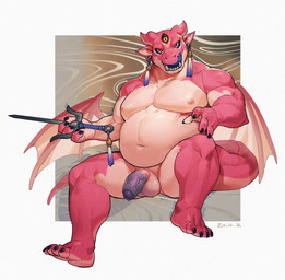 2_horns 3_eyes anthro balls belly biceps black_sclera blue_tongue flaccid foreskin front_view genitals holding_melee_weapon holding_object holding_weapon horn humanoid_genitalia humanoid_penis licking licking_lips male melee_weapon membrane_(anatomy) membranous_wings multi_eye musclegut muscular navel nipple_piercing nipples nude open_mouth open_smile orange_eyes partially_retracted_foreskin penis piercing pink_body sai_(weapon) sitting smile solo tail tongue tongue_out vein veiny_penis weapon wings bluecard916 mythology xvi_ji_(character) dragon mythological_creature mythological_scalie scalie absurd_res hi_res signature