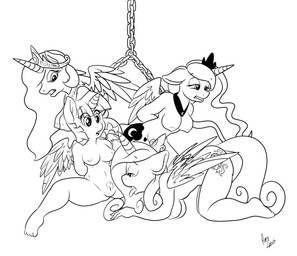 all_fours anthro anthrofied ass_up barefoot bound breasts chain chained cutie_mark dominant dominant_female feathered_wings feathers feet female female/female genitals group hair half-closed_eyes hands_behind_back horn humanoid_feet long_hair narrowed_eyes navel nipples nude open_mouth plantigrade restrained simple_background spread_legs spreading submissive submissive_female tongue tongue_out translucent translucent_hair vulva white_background wings omega256 friendship_is_magic hasbro my_little_pony mythology princess_cadance_(mlp) princess_celestia_(mlp) princess_luna_(mlp) twilight_sparkle_(mlp) equid equine mammal mythological_creature mythological_equine winged_unicorn 2015 monochrome indirect_incest_(lore) pseudo_incest_(lore) sibling_(lore) sister_(lore) sisters_(lore)
