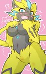 anthro blue_eyes blush breasts featureless_crotch female fur gender_transformation lightning_whiskers looking_at_viewer navel open_mouth simple_background solo transformation yellow_body yellow_fur acky05 nintendo pokemon felid feline generation_7_pokemon legendary_pokemon mammal pokemon_(species) zeraora hi_res