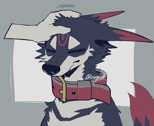anthro biped collar collar_only dipstick_ears dipstick_tail disembodied_hand ear_markings eyes_closed fur grey_background grey_body grey_fur hand_on_head leather leather_collar male markings mouth_closed multicolored_body multicolored_ears multicolored_fur nude petting red_body red_eyes red_fur simple_background solo tail tail_markings text white_body white_fur usag11100 canid canine canis mammal wolf artist_name digital_drawing_(artwork) digital_media_(artwork) hi_res