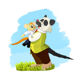 anthro black_body black_nose bottomwear clothing duo happy hug male open_mouth pants pink_nose shirt size_difference topwear white_body piothecloudrat cloud_rat mammal mouse murid murine northern_luzon_cloud_rat rodent 1:1 2026 hi_res