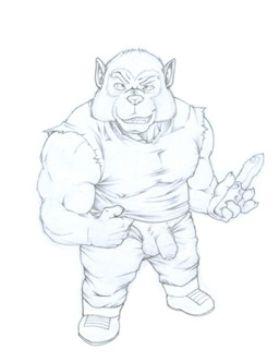 anthro big_muscles biped bottomwear clothed clothing eyebrows flaccid foreskin fully_clothed fur genitals grin high-angle_view humanoid_genitalia humanoid_penis knife looking_at_viewer male muscular muscular_anthro muscular_male open_bottomwear open_clothing open_pants pants partially_retracted_foreskin penis raised_eyebrow shirt smile solo tank_top topwear dragon_ball dragon_ball_z mythology man-wolf_(character) canid canine mammal mythological_canine mythological_creature werecanid werecanine werecreature werewolf greyscale monochrome sketch source_request
