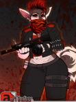 5_fingers anthro bottomwear breasts clothing female fingers fishnet_clothing fur gun hair humanoid_hands jacket kerchief mask pants ranged_weapon red_eyes red_hair solo spikes topwear weapon wide_hips missmixi killing_floor mixi_elkhound canid canine canis domestic_dog elkhound mammal spitz 2017 digital_media_(artwork) hi_res