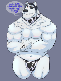 animal_print anthro belly clothing cow_print eye_patch eyewear fur kerchief male neckerchief neckwear pecs shy solo text thong timid underwear white_body white_fur ryanburr epic_games fortnite polar_patroller bear mammal polar_bear ursine 3:4 english_text hi_res