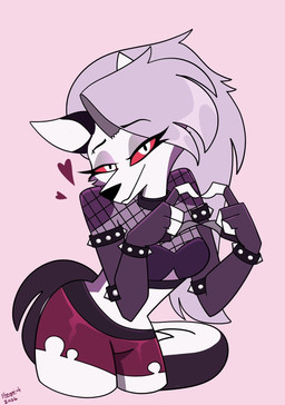 alternative_fashion anthro armband armwear bedroom_eyes bottomwear bracelet breasts clothed clothed_anthro clothed_female clothing elbow_gloves eyebrow_piercing eyelashes facial_piercing female fingerless_gloves fishnet_clothing fishnet_topwear fur gesture gloves goth grey_body grey_fur grey_hair hair handwear heart_gesture heart_symbol jewelry long_hair looking_at_viewer midriff narrowed_eyes piercing pink_background pupils red_bottomwear red_clothing red_sclera red_shorts seductive shorts simple_background slit_pupils small_waist solo spiked_armband spiked_bracelet spikes tail topwear white_body white_eyes white_fur wide_hips starpaintart hellaverse helluva_boss mythology loona_(helluva_boss) canid canid_demon canine demon hellhound mammal mythological_canine mythological_creature 2026 hi_res portrait three-quarter_portrait
