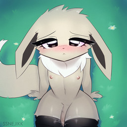 anthro biped blinking blush clothing ears_down erection eyebrows eyelashes femboy fingers foreskin frown fur genitals humanoid_genitalia humanoid_penis legwear looking_at_viewer male multicolored_body multicolored_fur nipples penis pivoted_ears solo tail tan_body tan_fur tan_tail thigh_highs white_body white_fur ssnejikk nintendo pokemon eevee generation_1_pokemon pokemon_(species) shiny_pokemon 1:1 animated hi_res