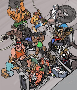 4_toes abs anthro bdsm bondage bottomwear bound brown_body brown_fur brush buckteeth butt cleaning_tool clothed clothed_anthro clothed_male clothing dumbbell exercise exercise_equipment eyes_closed facial_hair feather_duster feet fur furgonomic_bottomwear furgonomics gloves group handwear holding_brush holding_cleaning_tool holding_feather holding_feather_duster holding_object holding_paintbrush horn kneeling laugh loose_feather male mask multicolored_body multicolored_fur muscular muscular_anthro muscular_male mustache navel open_mouth open_smile orange_body orange_fur paintbrush pecs pink_nose pink_tongue red_body red_fur red_loose_feather restraints rope rope_bondage smile tail teeth tickle_fetish tickle_torture tickling tickling_armpits tickling_belly tickling_feet tire toes tongue weights whiskers white_body white_fur kctk activision crash_bandicoot_(series) disney lifewonders rise_of_the_guardians tokyo_afterschool_summoners wild_west_c.o.w.-boys_of_moo_mesa aku_aku bigfoot_(tas) buffalo_bull_(moo_mesa) crash_bandicoot e._aster_bunnymund kyle_(kctk) pete_(disney) ryo_toya sundazed_kid animate_inanimate bandicoot bear bovid bovine canid canine canis cattle domestic_cat domestic_dog felid feline felis fox giant_panda hyena lagomorph leporid living_mask mammal marsupial mustelid musteline rabbit true_musteline weasel wolf hi_res