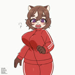 4_fingers anthro athletic_wear big_breasts bouncing_breasts breasts breath clothed clothing female fingers fully_clothed jogging kemono mature_anthro mature_female open_mouth panting purple_eyes red_clothing simple_background solo teeth text tongue track_pants tracksuit white_background 848siba canid canine mammal raccoon_dog tanuki 1:1 2d_animation animated digital_media_(artwork) frame_by_frame high_framerate japanese_text loop no_sound seamless_loop shaded short_playtime webm