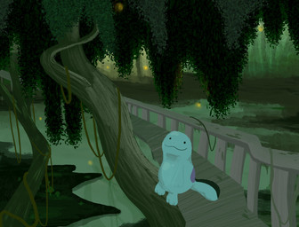 ambiguous_gender blue_body boardwalk detailed_background dot_eyes feral fungus leaf mushroom outside plant simple_eyes sitting smile solo swamp tail text tree vines water wetland sebdoggo nintendo pokemon ambient_arthropod ambient_firefly ambient_insect generation_2_pokemon pokemon_(species) quagsire 2022 digital_media_(artwork) digital_painting_(artwork) english_text green_theme hi_res painting_(artwork) procreate_(artwork) shaded