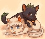 black_body black_nose blue_eyes brown_eyes closed_smile duo feral fur hair lying male mouth_closed on_front on_ground paws pupils quadruped simple_background smile tongue tongue_out white_body white_sclera flavia-elric hunter_x_hunter gon_freecss killua_zoldyck canid canine canis domestic_cat domestic_dog felid feline felis mammal 2016 digital_media_(artwork) hi_res