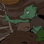 1:1 anthro clothed clothing damaged_clothing digital_media_(artwork) dirt dirty female fen_(lagotrope) group horn inside kobold lagotrope lizard lying male outline reptile scalie shirt sleeping story story_at_source story_in_description tgchan tired topwear torn_clothing trio