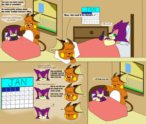 bed calendar dialogue female fur furniture hair inside lying male open_mouth pillow smile tail text secretsableye nintendo pokemon pearl_(secretsableye) romo_(secretsableye) generation_1_pokemon generation_5_pokemon pokemon_(species) purrloin raichu absurd_res comic digital_media_(artwork) english_text hi_res