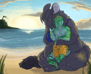 3_toes 4_fingers anthro arm_around_waist arms_bent bent_legs bikini black_body black_claws black_fur black_hair black_tail blue_bikini blue_body blue_clothing blue_eyes blue_scales blue_sky blue_swimwear blue_tail breasts brown_eyes claws clothed clothed_anthro clothed_female clothed_male clothing cloud day duo eye_contact featureless_chest feet female female_anthro finger_claws fingers fluffy fluffy_tail fully_clothed fully_clothed_anthro fully_clothed_female fur grass green_body green_scales green_stripes green_tail hair hand_holding hands_together hug island larger_female light long_tail looking_at_another male male/female male_anthro markings multicolored_tail orange_clothing orange_swimming_trunks orange_swimwear plant red_tongue sand scales sea seaside short_hair sitting sitting_on_ground size_difference sky slightly_chubby slightly_chubby_anthro slightly_chubby_female smaller_anthro smaller_male smile smiling_at_another smiling_at_each_other smiling_at_partner standing striped_arms striped_markings striped_tail stripes swimming_trunks swimwear tail tail_markings thick_thighs toes tongue tongue_out two-piece_swimsuit water whiskers nennsen bishui_long maria_(nichara) agamid chinchilla chinchillid chinese_water_dragon lizard mammal reptile rodent scalie water_dragon_(agamid) 2017 colored digital_drawing_(artwork) digital_media_(artwork) lighting shaded