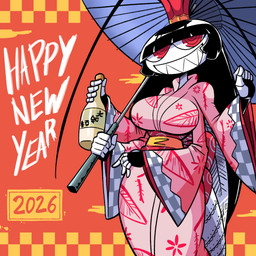 anthro asian_clothing clothing east_asian_clothing female japanese_clothing sharp_teeth smile smiling_at_viewer solo teeth umbrella yukata kevin-arthur new_year_2026 versus_(manga) roya_roach arthropod blattodean cockroach demon insect hi_res
