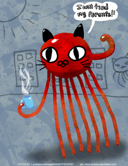 beverage black_eyes container cup fur holding_container holding_cup holding_object looking_at_viewer red_body red_fur red_skin simple_background solo speech_bubble sun tea text whiskers red-revolver octocat_adventure octocat_(octocat_adventure) aquatic cephalopod coleoid domestic_cat felid feline felis mammal mollusk octopodiform english_text url