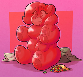 breasts candy dessert female food gummy_(food) gummy_bear_(food) implied_transformation nude pawpads permanent_smile red_body simple_background sitting smile solo 2b-labs bear food_creature mammal 2024 digital_media_(artwork)