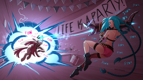 beer_keg boots bracelet braided_hair braided_pigtails clothing collar duo explosion female feral footwear hair jewelry knife long_hair long_pigtails mouth_hold shoes spiked_bracelet spiked_collar spikes text underpable friendship_is_magic hasbro league_of_legends my_little_pony riot_games tencent jinx_(lol) pinkie_pie_(mlp) earth_pony equid equine horse human mammal pony 16:9 4k absurd_res english_text hi_res widescreen