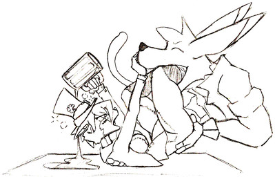 alcohol anthro beer beverage bottomless bottomless_female butt butt_grab clothed clothing drunk duo female female_prey grope hand_on_butt hat headgear headwear holidays male male/female male_pred partially_inside substance_intoxication top_hat vore chaoshetra st._patrick's_day cyote canid canine canis coyote domestic_cat felid feline felis mammal traditional_media_(artwork)