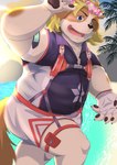 anthro beach blonde_hair blue_eyes blush flower flower_accessory flower_crown hair harness lei male pawpads plant seaside slightly_chubby solo sunset wetsuit nazebesu_hobby lifewonders live_a_hero hisaki_(live_a_hero) canid canine canis domestic_dog mammal absurd_res hi_res