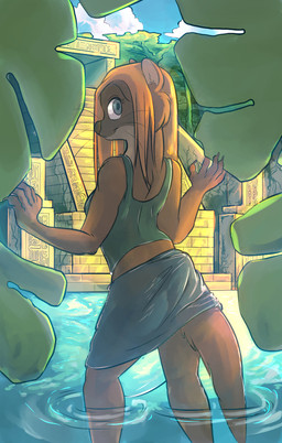 anthro biped blonde_hair brown_body brown_fur claws clothed clothing female fur hair legs_in_water long_hair looking_at_viewer looking_back outside partially_submerged rear_view smile solo standing standing_in_water submerged_legs submerged_tail tail_in_water temple water whiskers conditional_dnp jonas mammal mustelid otter portrait three-quarter_portrait