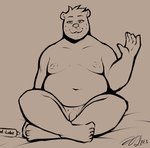 anthro bedroom_eyes crossed_legs feet flaccid front_view genitals gesture hair humanoid_feet humanoid_hands looking_at_viewer lube_bottle male moobs narrowed_eyes navel nipples nude overweight overweight_anthro overweight_male penis plantigrade seductive short_hair simple_background sitting solo waving fiercedeitylynx marlon_(fiercedeitylynx) bear mammal 2023 absurd_res hi_res monochrome signature