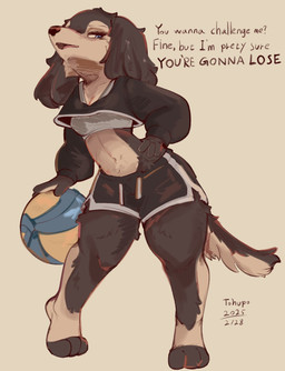 anthro barefoot biped blue_eyes breasts clothed clothed_anthro clothed_female clothing dialogue feet female fully_clothed fully_clothed_anthro fully_clothed_female fur midriff solo standing talking_to_viewer text conditional_dnp tohupo canid canine canis domestic_dog mammal 2025 english_text hi_res