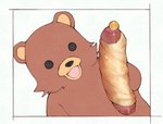 anthro beady_eyes black_eyes black_nose brown_body brown_fur cheek_tuft facial_tuft food fur holding_food holding_object male open_mouth simple_background smile solo tuft white_background chicowin pedobear bear mammal hi_res meme