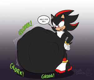 abdominal_bulge air_shoes ambiguous_gender ambiguous_prey anthro black_body black_fur clothing cute_fangs dialogue digestion digestion_noises fangs fur gloves gradient_background hand_on_hip handwear highlights_(coloring) male motion_lines onomatopoeia red_eyes red_highlights rumbling_stomach simple_background soft_vore solo sound_effects speech_bubble standing teeth text vore white_clothing white_gloves white_handwear swiftsketchpone sega sonic_the_hedgehog_(series) shadow_the_hedgehog eulipotyphlan hedgehog mammal 2026 colored english_text hi_res watermark