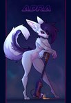 anthro big_ears black_sclera blush breasts female fur genitals nude pink_pussy purple_eyes pussy science_fiction smile solo technology text thick_thighs white_body white_fur fedmry adra_(tiddles) canid canine fennec_fox fox mammal true_fox absurd_res hi_res