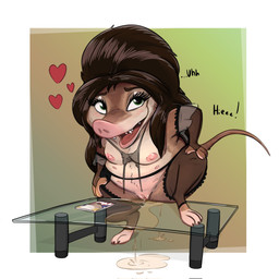 anthro bodily_fluids book clothed clothing female feral furniture genital_fluids genitals hand_on_hip heart_symbol looking_at_viewer multi_nipple nipples open_mouth partially_clothed peeing peeing_on_table semi-anthro simple_background slightly_chubby smile smiling_at_viewer solo spread_legs spreading table urine urine_on_ground urine_pool vulva watersports noodlestoat disney zootopia fru_fru arctic_shrew eulipotyphlan mammal shrew 1:1 hi_res