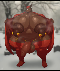 anthro balls big_nipples black_bars brown_body brown_nose clothing facial_hair genitals hat headgear headwear intersex jockstrap male moobs musclegut muscular muscular_anthro muscular_male muscular_thighs mustache nipple_piercing nipples penis piercing red_clothing red_hat red_headwear religion robe steam steaming underwear bobthetanuki christianity cardinal_richelieu_(muskehounds) canid canine mammal hi_res letterbox