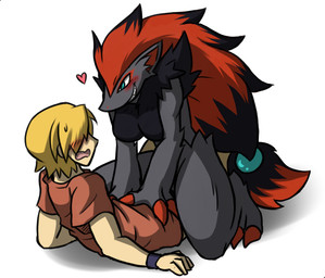 anthro blush breasts claws clothed clothing cowgirl_position duo female female_on_human female_on_top from_front_position fur hair heart_symbol human_on_anthro interspecies larger_anthro larger_female long_hair lying male male/female male_on_anthro male_on_bottom on_back on_bottom on_top open_mouth pinned playful sex simple_background size_difference smaller_human smaller_male smile straddling teeth toe_claws white_background rakkuguy nintendo pokemon canid canine generation_5_pokemon human mammal pokemon_(species) zoroark digital_media_(artwork)