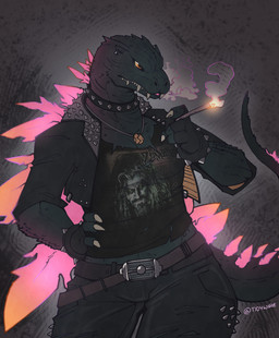 anthro back_spikes belt clothing collar crossgender ear_piercing fangs female fingerless_gloves flat_chested gloves handwear midriff piercing smoking solo spiked_collar spiked_jacket spikes spikes_(anatomy) tail teeth yellow_eyes tidywire godzilla_(series) hellbilly_deluxe_(rob_zombie) rob_zombie toho godzilla kaiju scalie 2026 hi_res