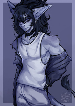 2_horns anthro arm_tuft biped black_hair black_horn blue_eyes bottomwear choker clothed clothing collarbone crossgender digit_ring facial_piercing front_view ftm_crossgender fully_clothed fur hair hand_on_hip horn jacket jewelry lip_piercing long_hair male male_anthro monotone_body monotone_fur multiple_piercings muscular muscular_anthro muscular_male necklace pants piercing pointy_ears prick_ears ring_piercing serratus shirt shoulder_tuft simple_background snakebite_piercing solo standing tail tail_tuft tank_top topwear tuft royials laybel demon 2023 hi_res portrait three-quarter_portrait watermark female_(lore)