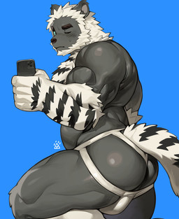 anthro beard big_muscles biped black_body black_eyes black_fur blue_sclera bodily_fluids clothed clothing electronics facial_hair fur hair holding_object holding_phone jockstrap jockstrap_only male muscular muscular_anthro muscular_male one_eye_closed phone solo sweat sweatdrop topless underwear underwear_only white_beard white_body white_clothing white_facial_hair white_fur white_hair white_jockstrap white_underwear art_uza bear mammal 2026 absurd_res hi_res