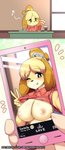 animal_crossing anthro big_breasts blush breasts canid canine canis cellphone clothed clothing domestic_dog electronics female female_anthro flashing fur gesture hair hand_gesture hi_res isabelle_(animal_crossing) looking_at_viewer mammal musical_note nintendo nipples one_eye_closed phone princess_hinghoi selfie shih_tzu smile smirk solo tongue tongue_out toy_dog unprofessional_behavior v_sign wink